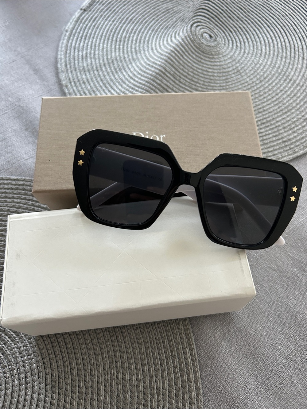 Dior Black Oversized Hexagonal Sunglasses with Gold Star Accents